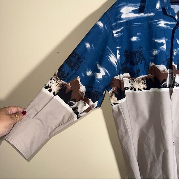 VNTG RARE WRANGLER pearl snap Western cowboy shirt with wolf print 2X - Picture 4 of 5